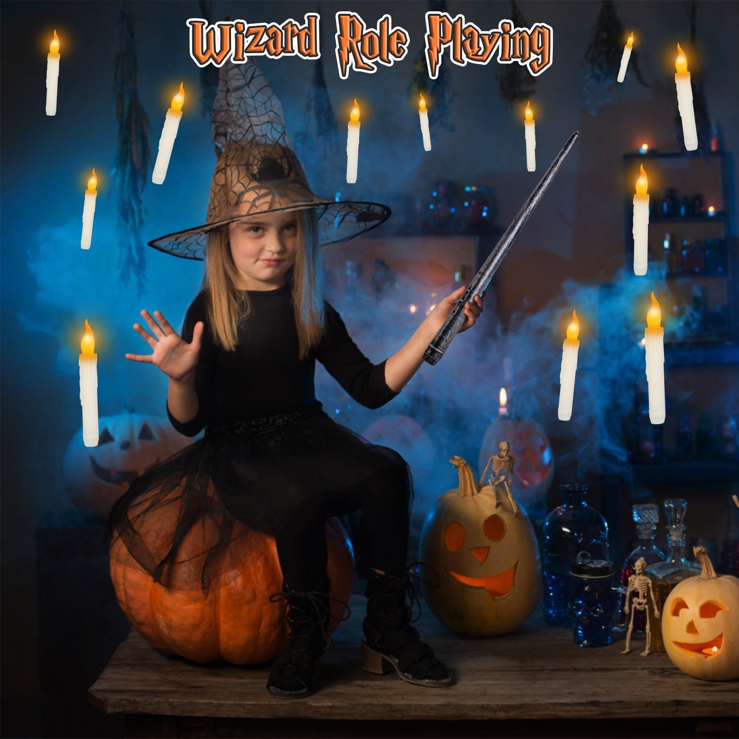 Floating LED Candles with Magic Wand Remote – 12-Pack Flameless Halloween Decor - Image 2